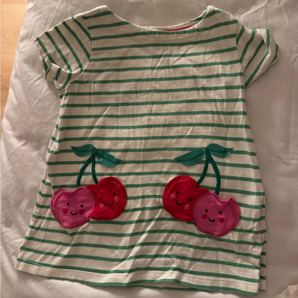 Boden Green and White Striped Tee with Cherry Appliqué